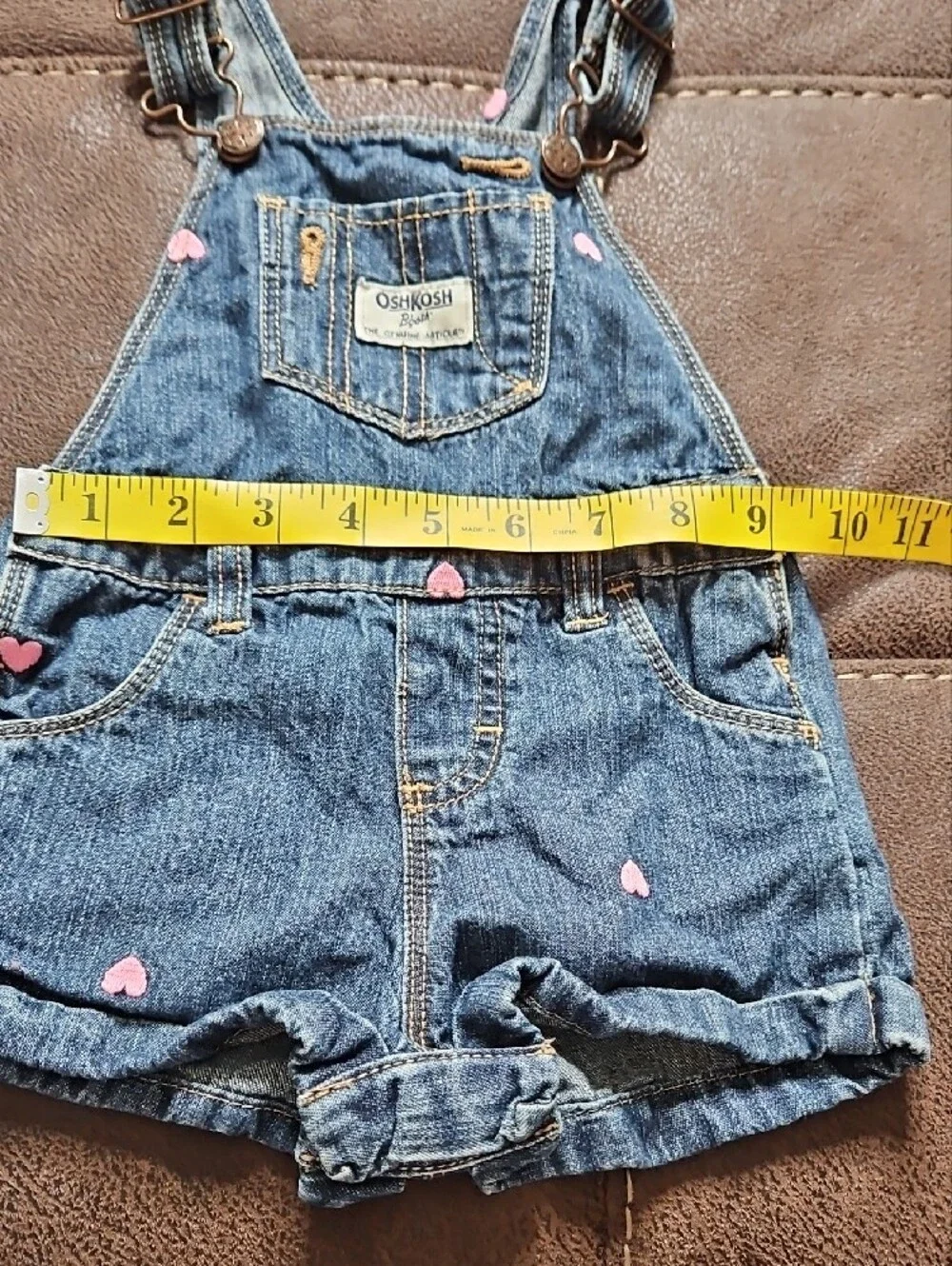 OshKosh B'gosh Blue Denim Shortall with Pink Hearts 12 Months